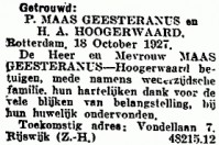 Huwelijksbericht Pieter MG & H.A. Hoogerwaard 27okt1927